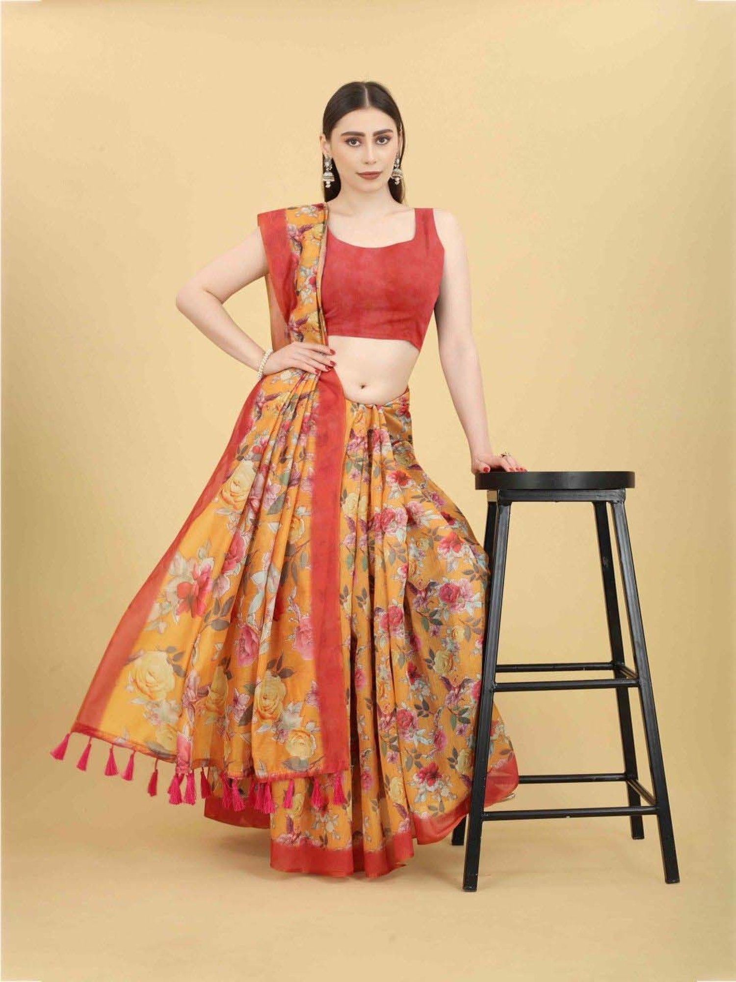 Silk Land Orange Printed Saree With Unstitched Blouse