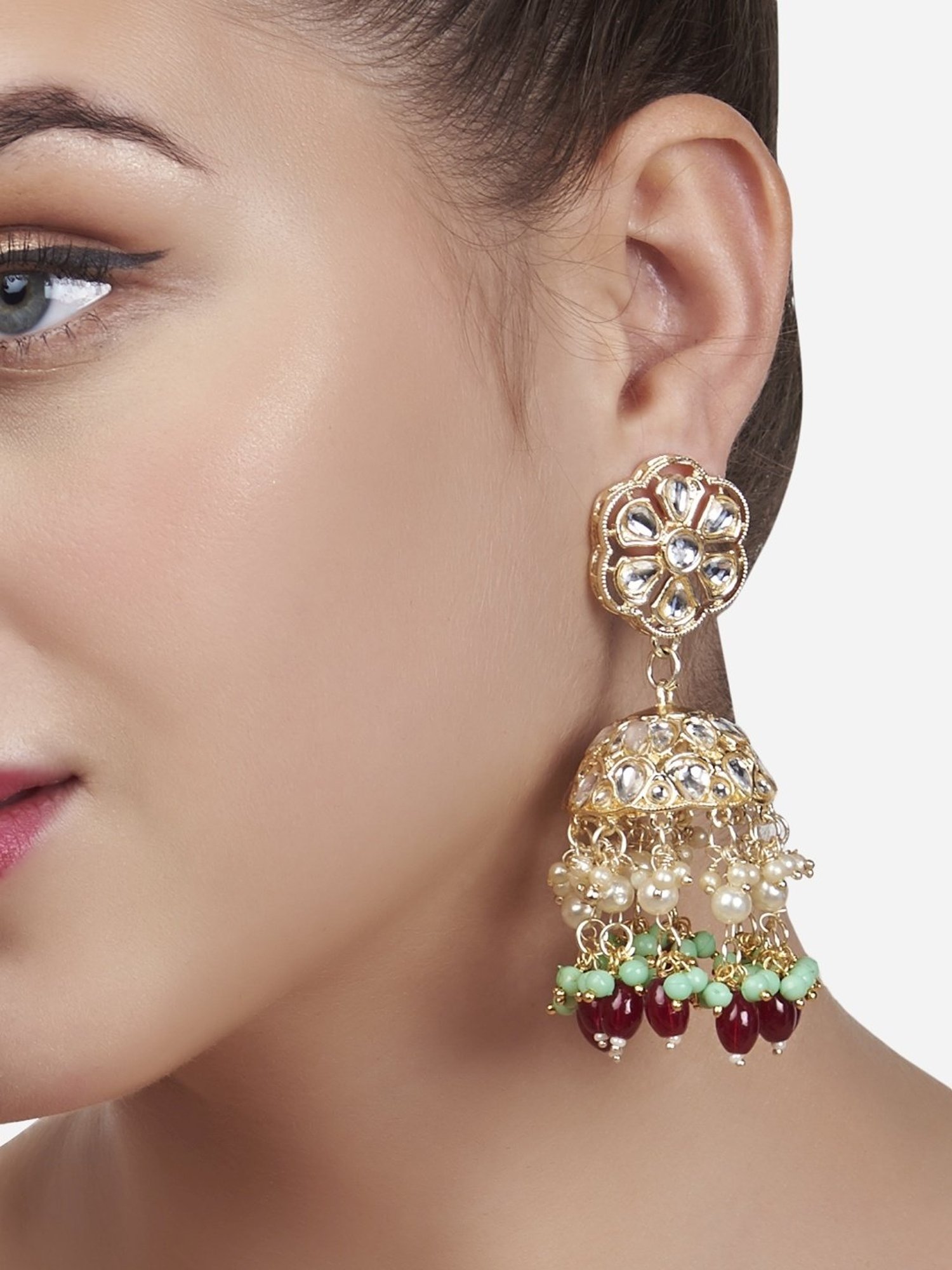 Zaveri Pearls Green & Maroon Beads Traditional Kundan Jhumki Earrings - ZPFK13551