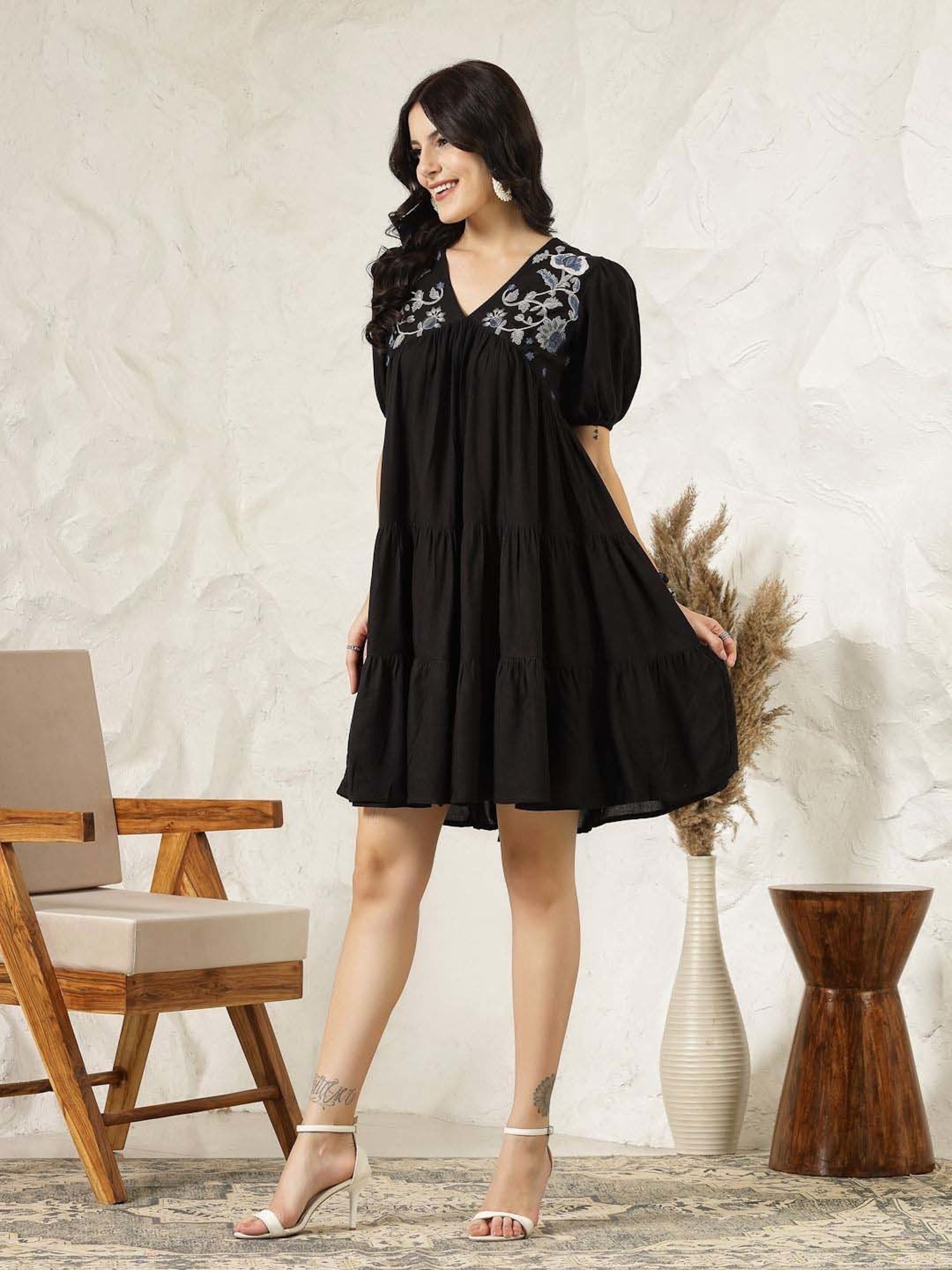 Stylum Black Embroidered A-Line Dress