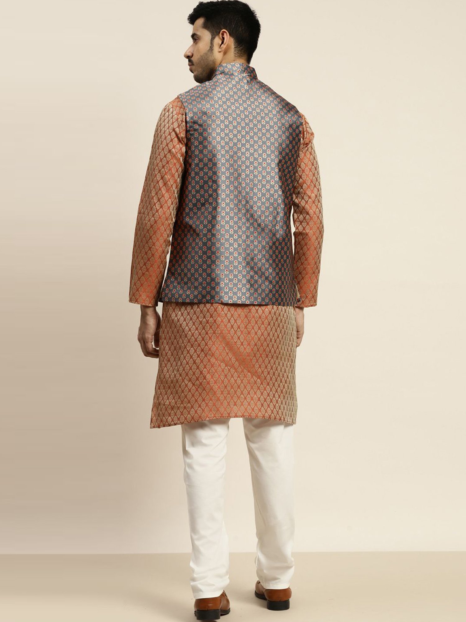 Sojanya Orange & Grey Regular Fit Self Pattern Kurta Set With Jacket