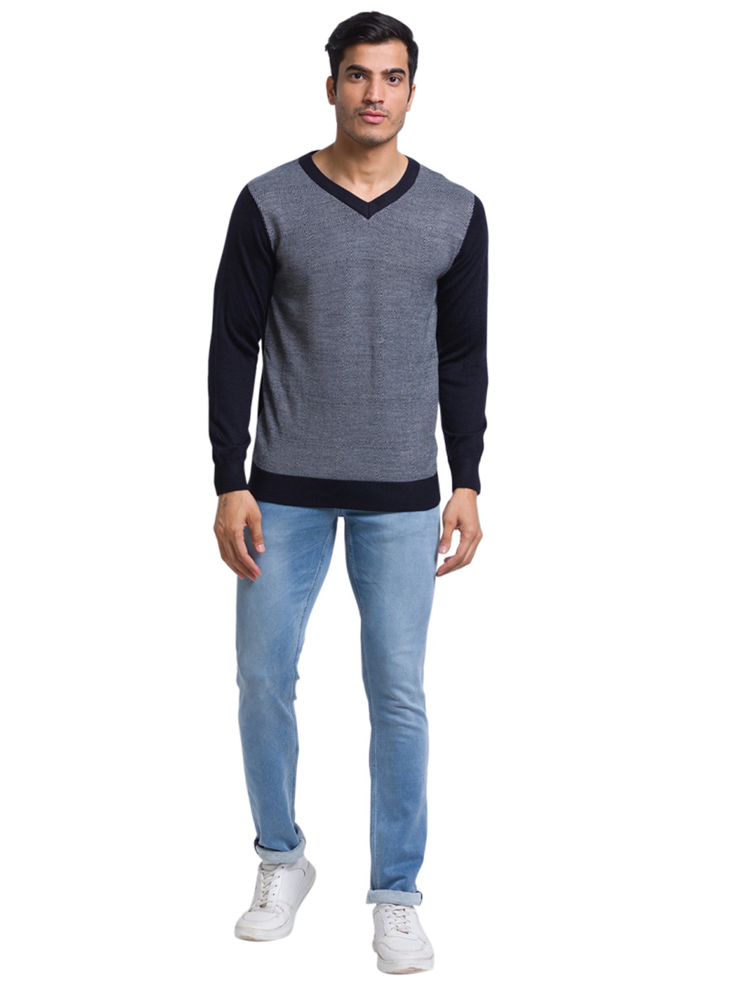 Parx Blue & Grey Regular Fit Color-Block Sweater
