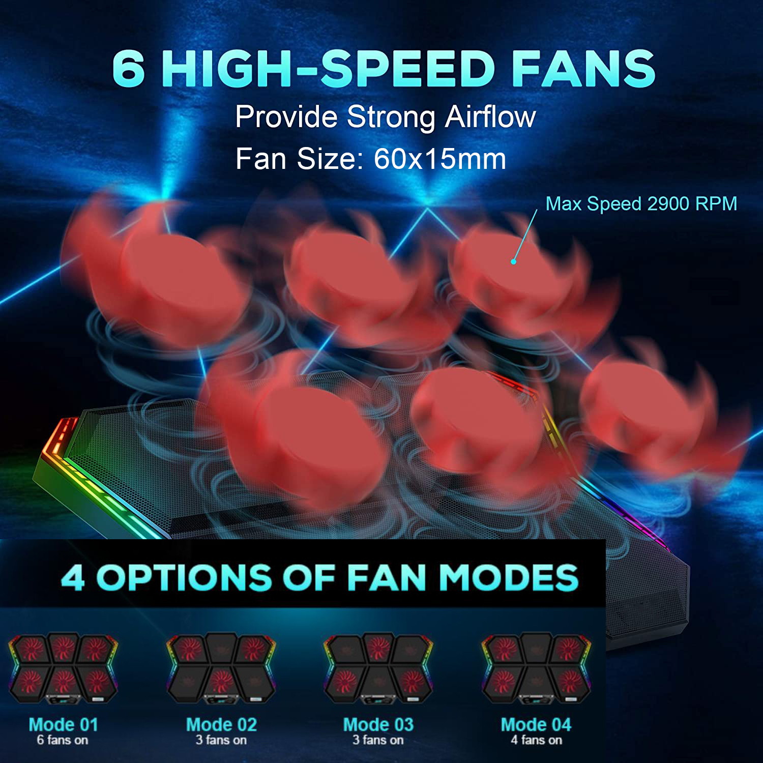 RGB Laptop Cooling Pad Gaming Laptop Cooler with 12-Mode, 6 High-Speed Quiet Fans, LED Screen Control Panel, Colorful LED Lights, 7 Heights Stand, 2 USB Ports, Compatible up to 17 Inch Laptop