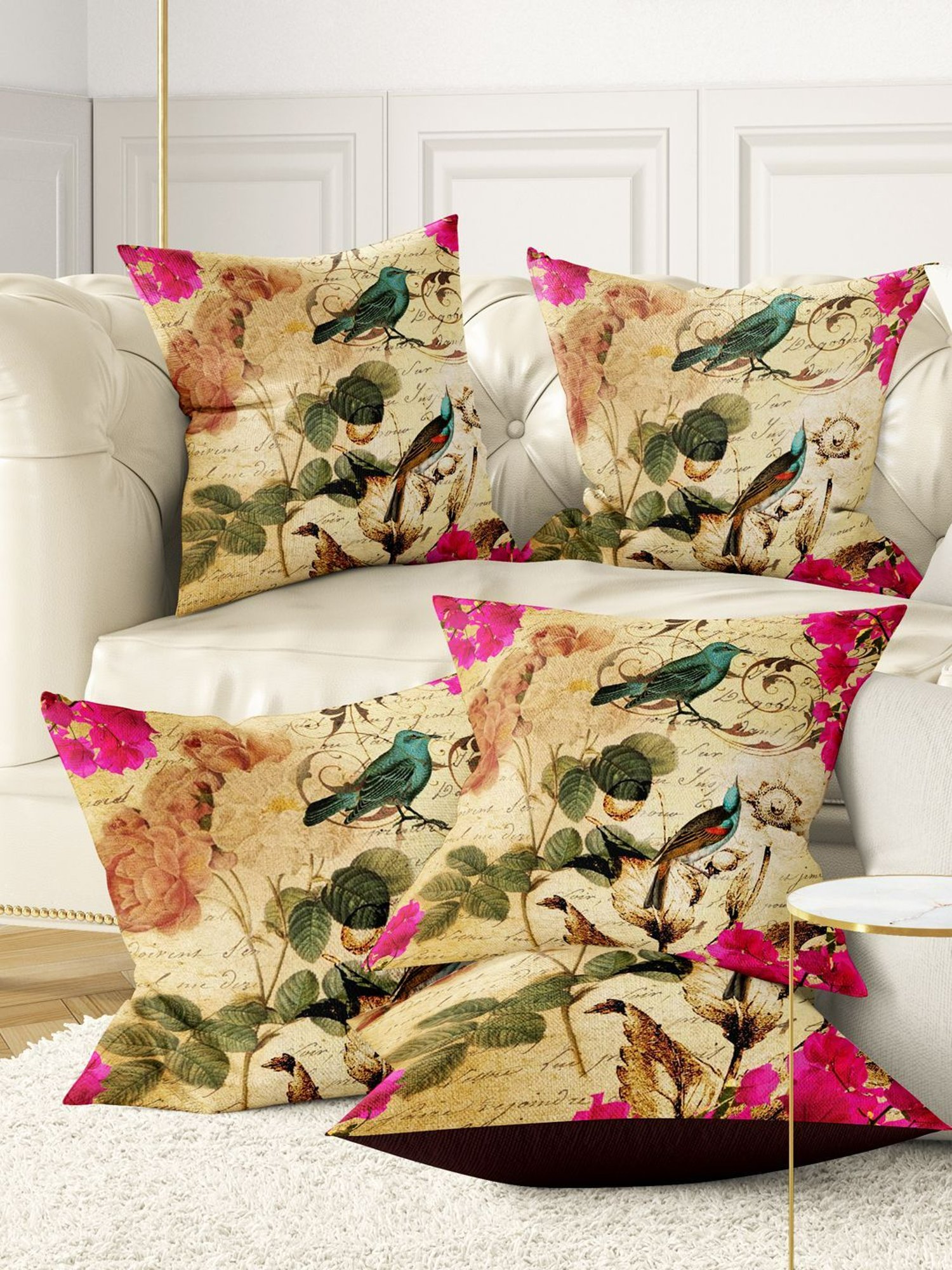 Bianca Beige & Pink Digitally Printed Cushion Cover - Set Of 5
