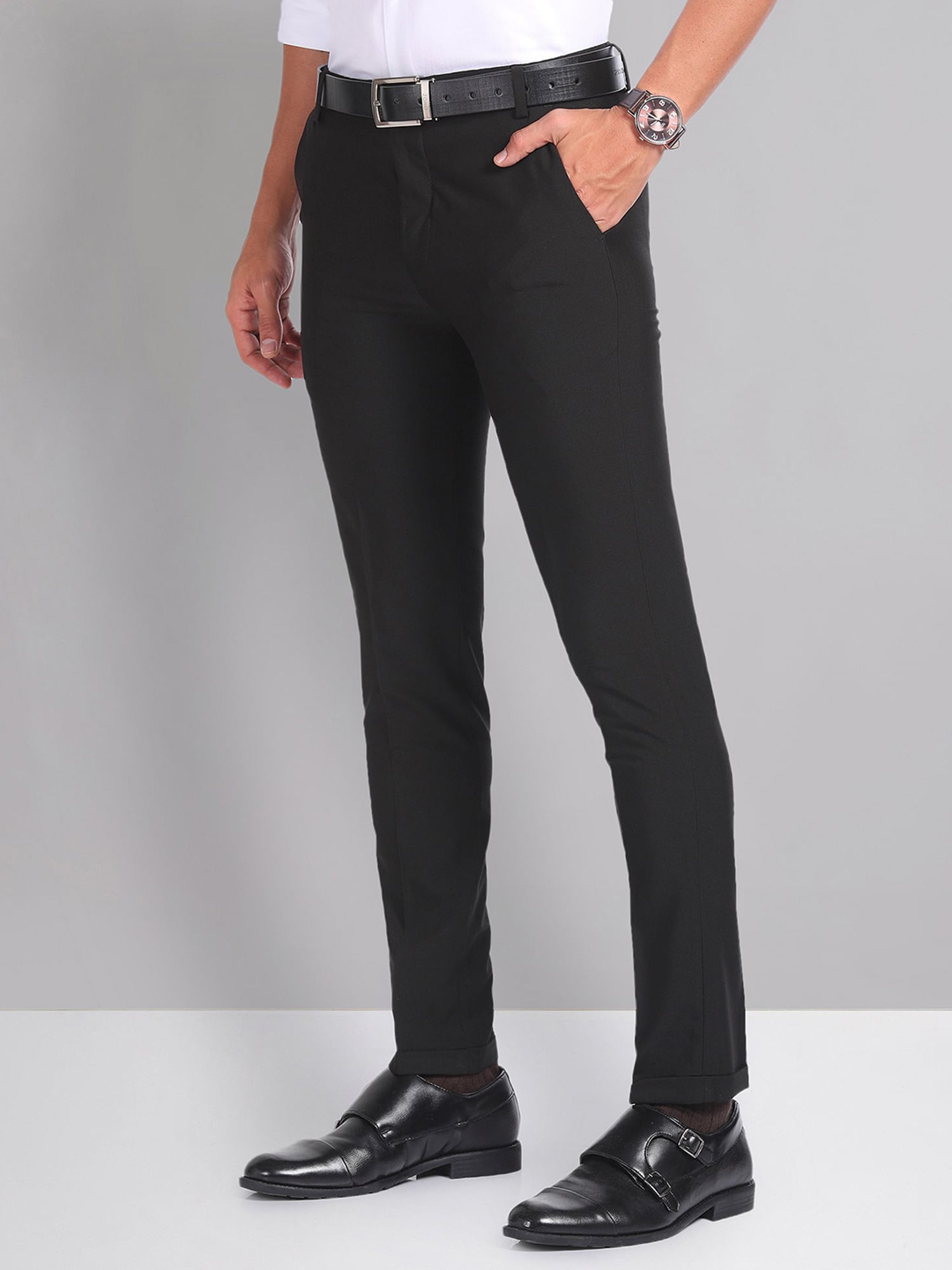 AD by Arvind Black Slim Fit Flat Front Trousers