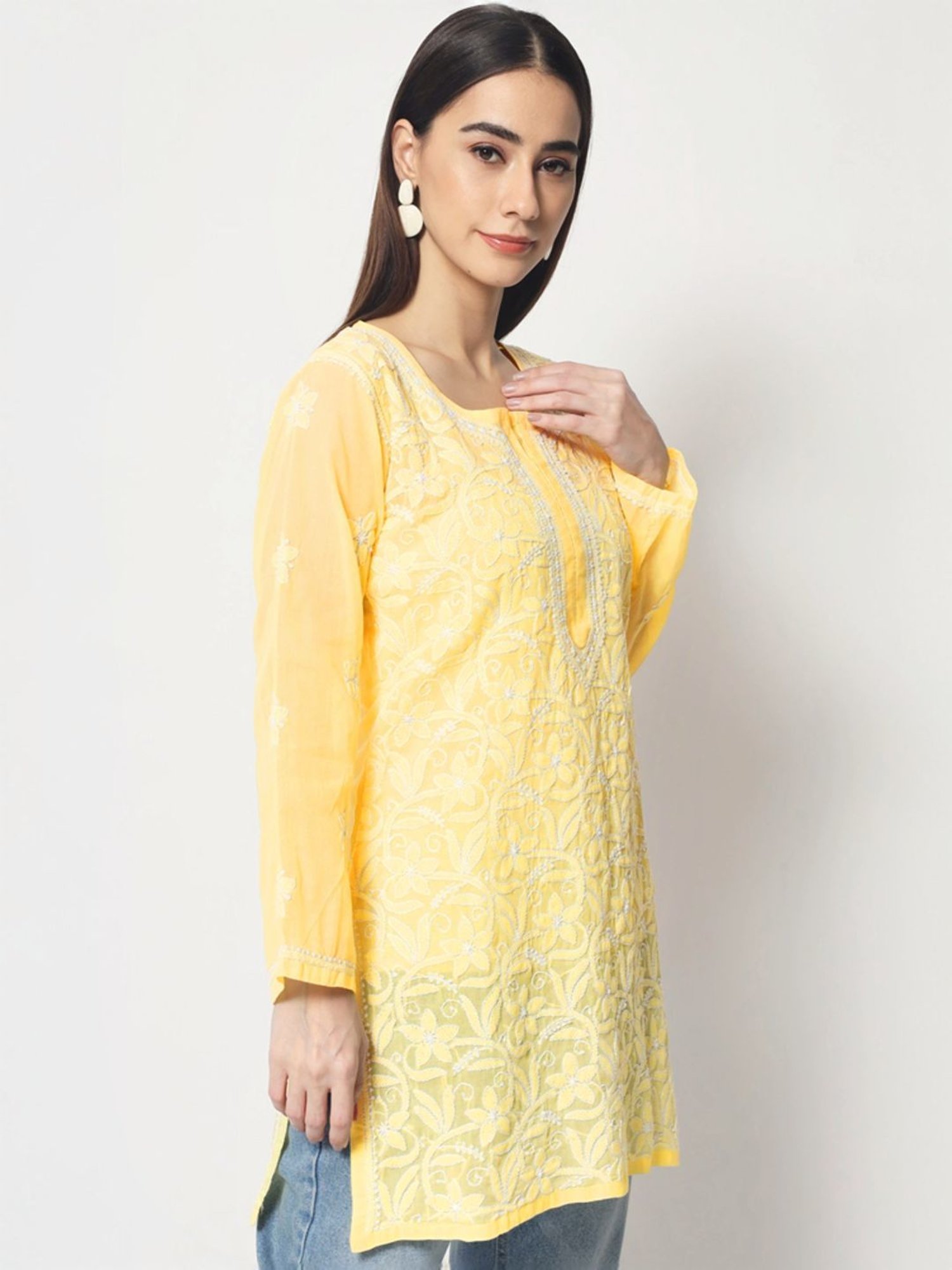 PARAMOUNT CHIKAN Pale Yellow Cotton Hand Embroidered Chikankari Straight Kurti
