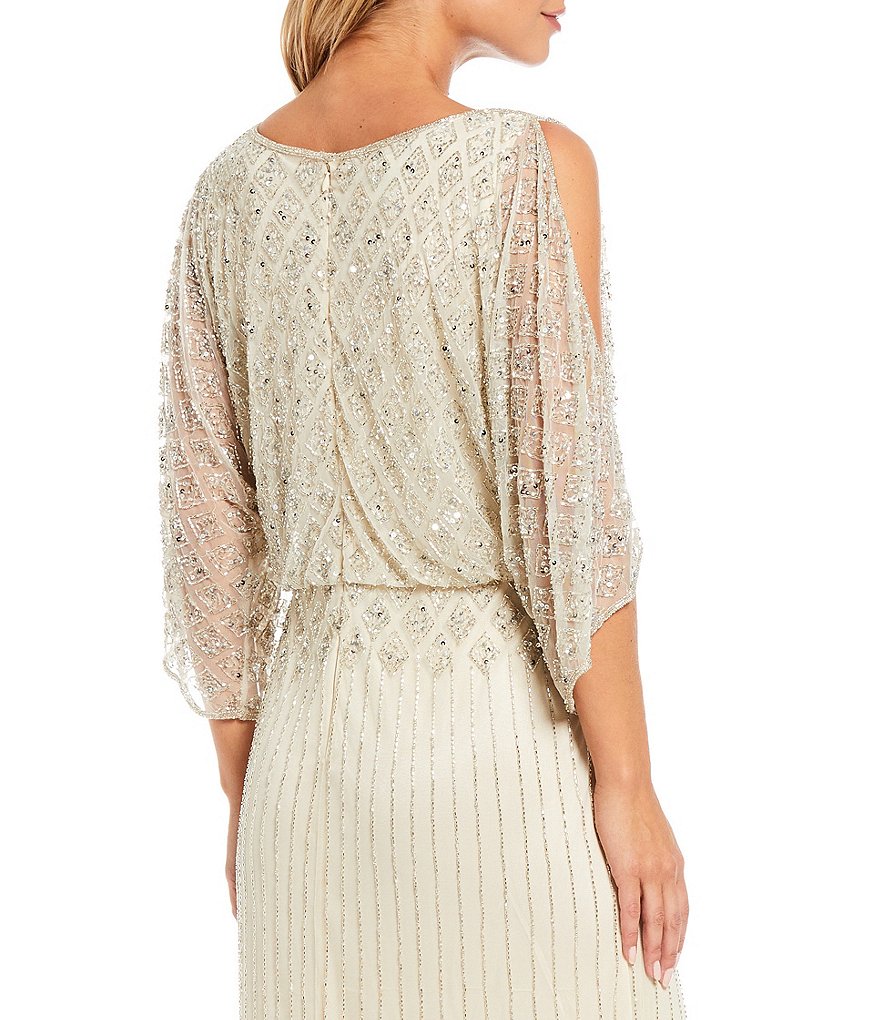 Pisarro Nights Diamond Beaded Blouson Split Sleeve Boat Neck Dress