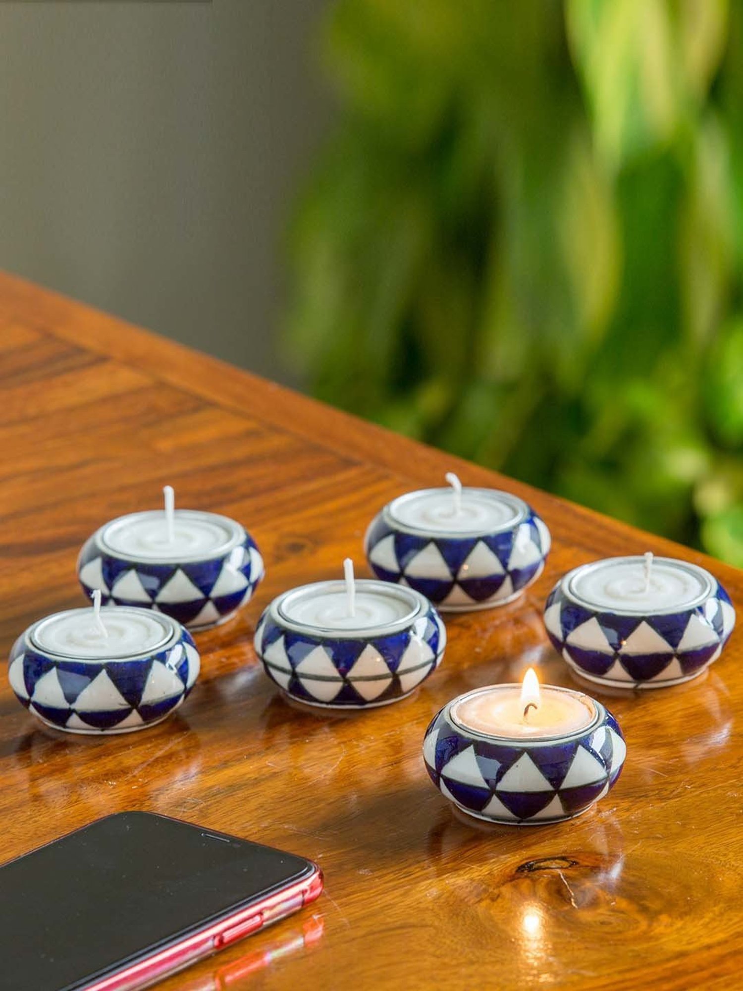 ExclusiveLane 'Shimmering Mughals' Geometric Hand-painted Tea-Light Holders In Ceramic (Set of 6)
