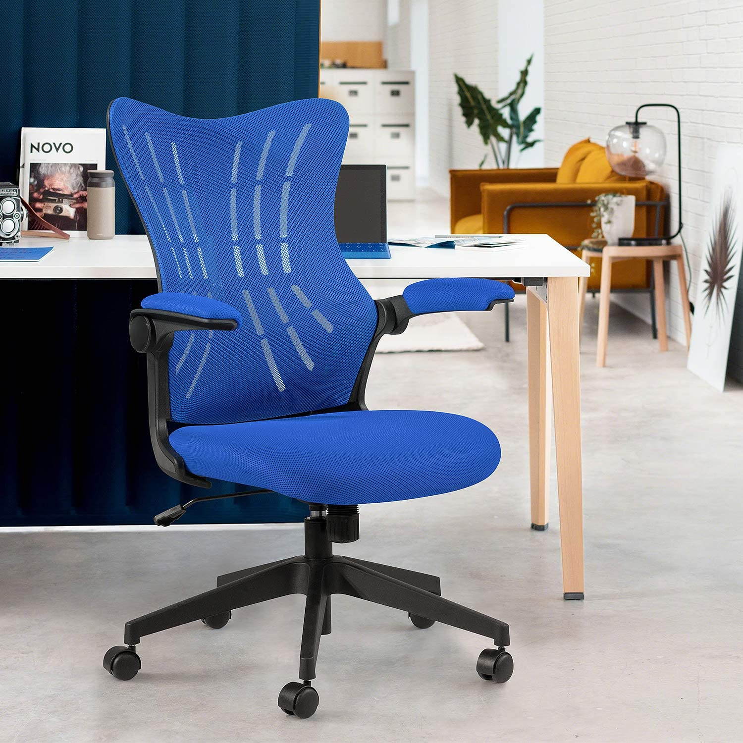 Furmax Office Desk Chair with Flip Up Arms, Mesh Mid Back Computer Chair Swivel Task Chair with Ergonomic Lumbar Support (White)