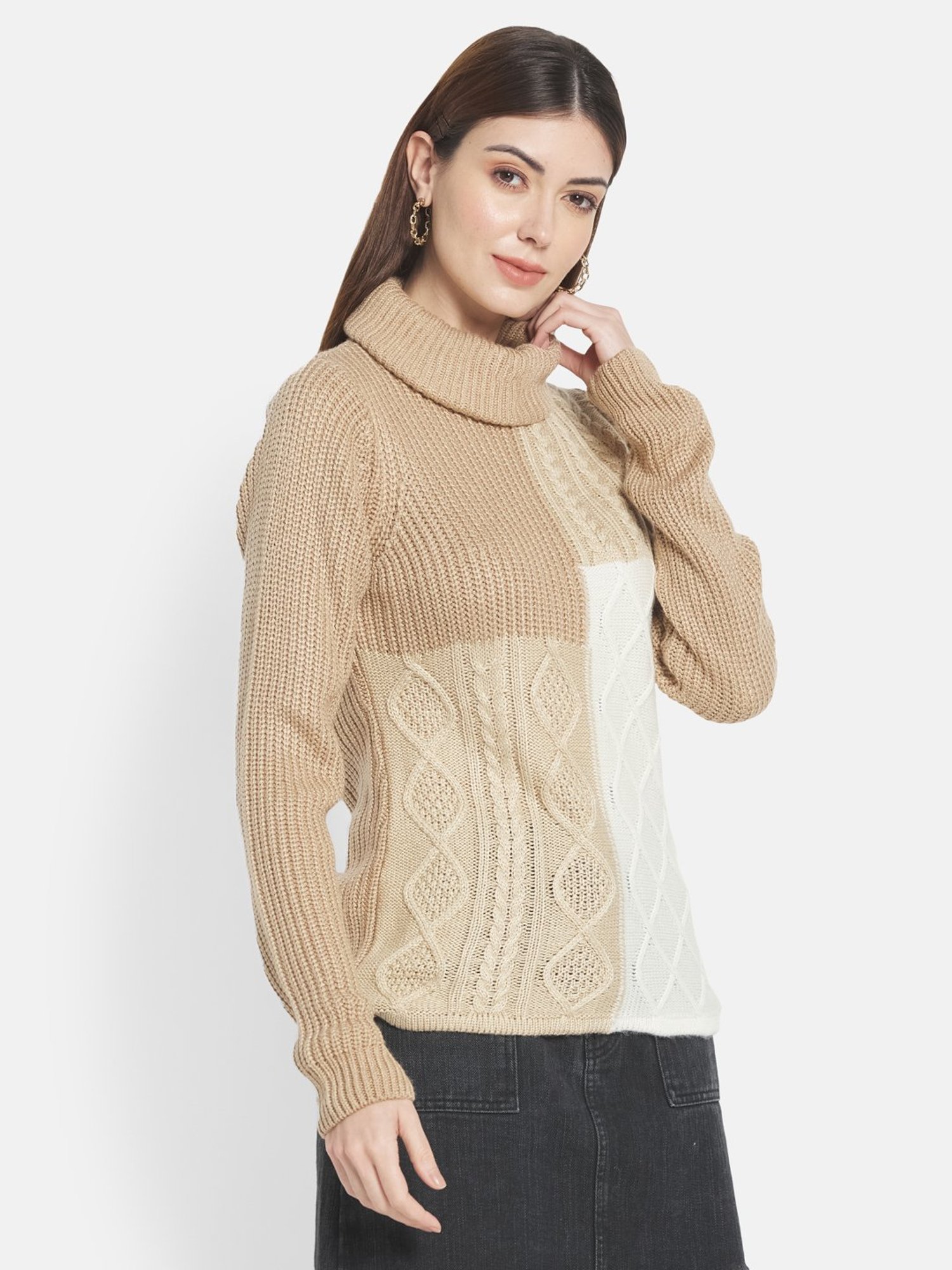 METTLE Beige & White Color Block Pattern Pullover