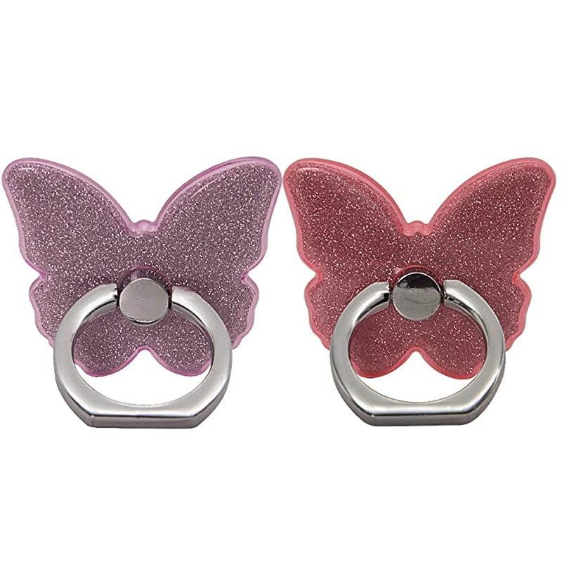 Ring Stand, 2 Pack Glitter 360&deg;Rotation Universal Phone Grip Holder Kickstand for iPhone X 8 8 Plus 7 7 Plus 6s 6 Plus,Galaxy S9 S9 Plus S8 Plus S6 S7 and More Device (Butterfly,Purple+Pink)