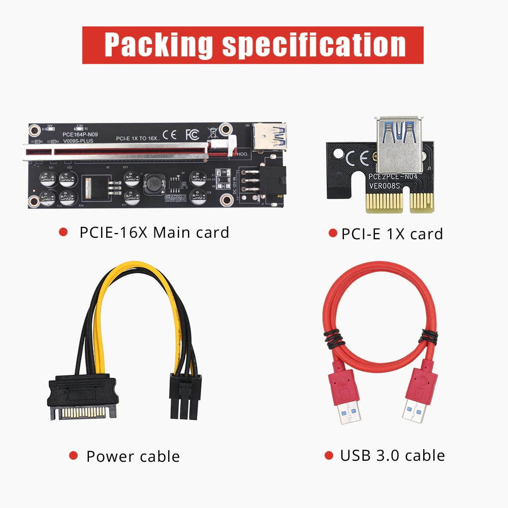 4PCS VER009S Plus PCIE Riser Card 009s PCI-E PCI Express Adapter Molex 6Pin SATA USB 3.0 Cable 1X to 16X Extender