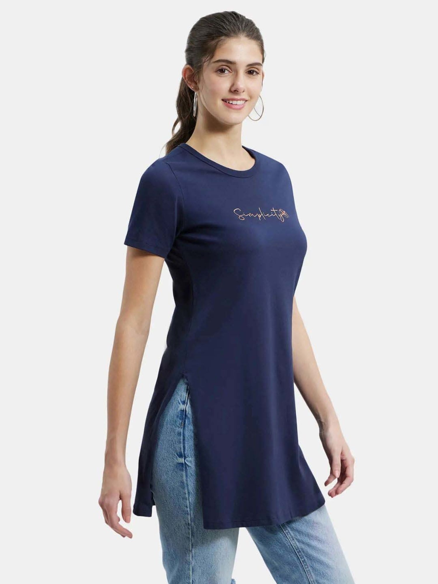 Jockey A142 Women's Super Combed Cotton Printed Relaxed Fit Long length T-Shirt (Prints May Vary)