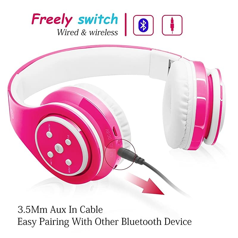 Headphones Bluetooth Wireless 85db Volume Limited Childrens Headset, up to 6-8 Hours Play, Stereo Sound, SD Card Slot, Over-Ear and Build-in Mic Wireless/Wired Headphones for Boys Girls(Pink)