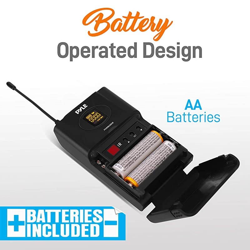 UHF Wireless Microphone System Pro Portable Dual Channel Desktop Digital Mic Receiver Set w 2 BeltPack Transmitter Receiver 2 Headset Lavalier Mics Battery For Home PA Pyle PDWM2880B