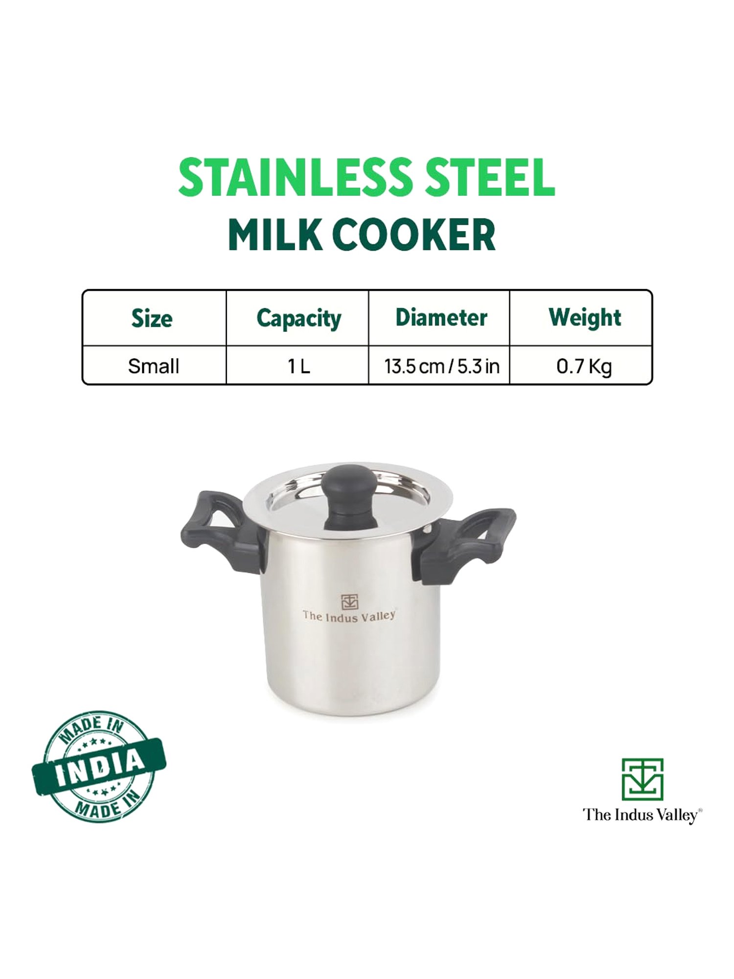 The Indus Valley Silver Stainless Steel Milk Cooker (Dia:13.5cm, 1Ltr)