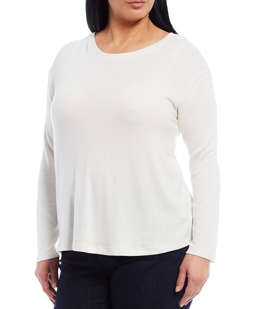 Bobeau Plus Size Round Neck Lace Up Back Long Sleeve Top