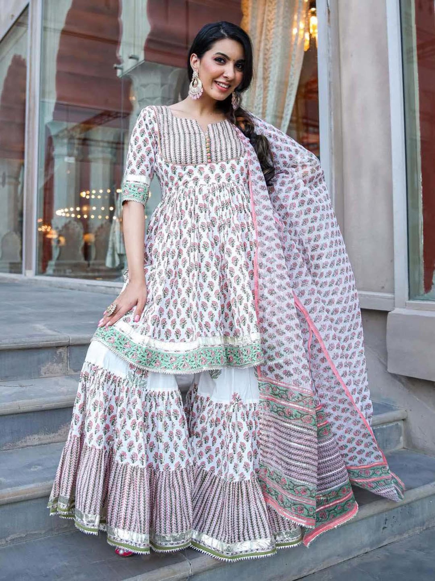 AACHHO White Cotton Floral Print Kurti Sharara Set With Dupatta