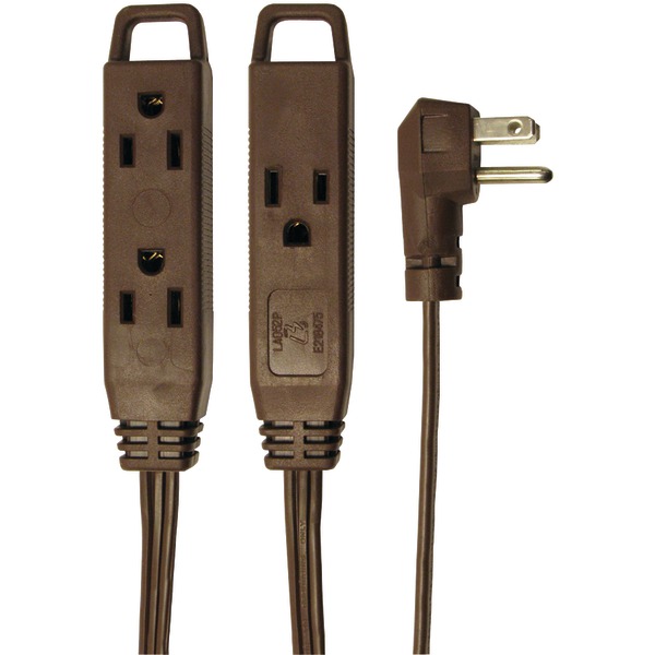 3-Prong 3-Outlet Wall-Hugger Indoor Grounded Extension Cord, 8 Feet (Brown)