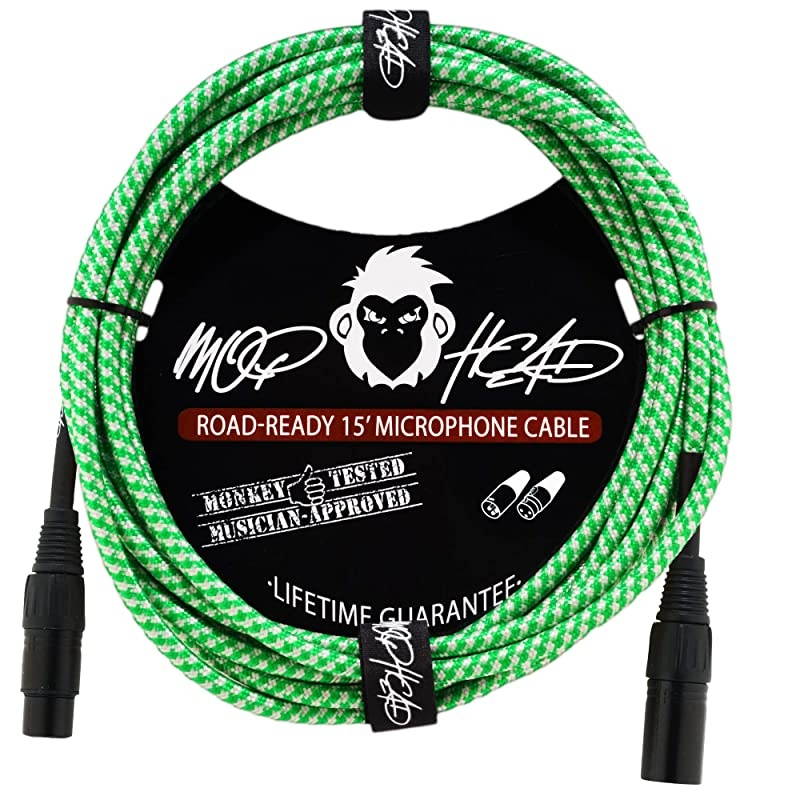 15 Foot Double Insulated and Road Ready Tweed Braided XLR Male to XLR Female Microphone Cable Green Candy Stripe