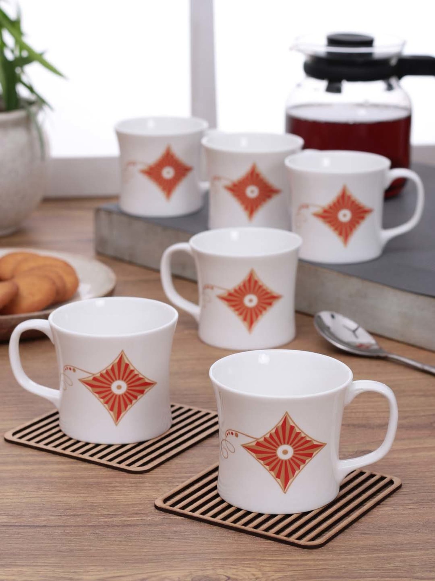Clay Craft White & Orange Fine Ceramic Coffee & Tea Mugs (140 ml) - Set of 6