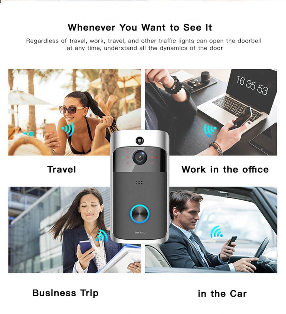 WIFI Video Doorbell, Wireless Smart Doorbell 720P HD Security Camera Intercom Door Real-Time Two-Way Talk and Video, Night Vision, PIR Motion Detection and App Control for IOS and Android