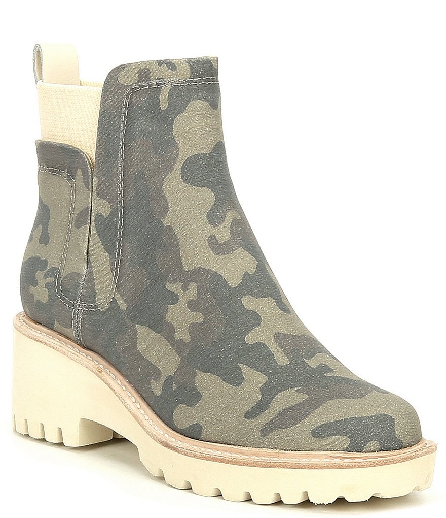 Dolce Vita Huey Camo Print Canvas Block Heel Lug Sole Chelsea Booties