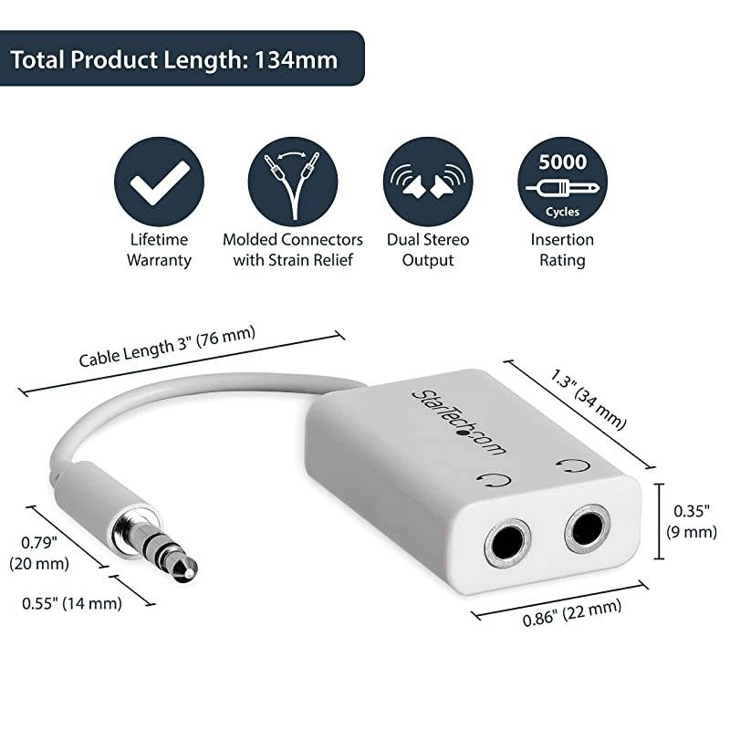 com White Slim Mini Jack Headphone Splitter Cable Adapter - 3.5mm Audio Mini Stereo Y Splitter - 3.5mm Male to 2x 3.5mm Female (MUY1MFFADPW),White - Slim
