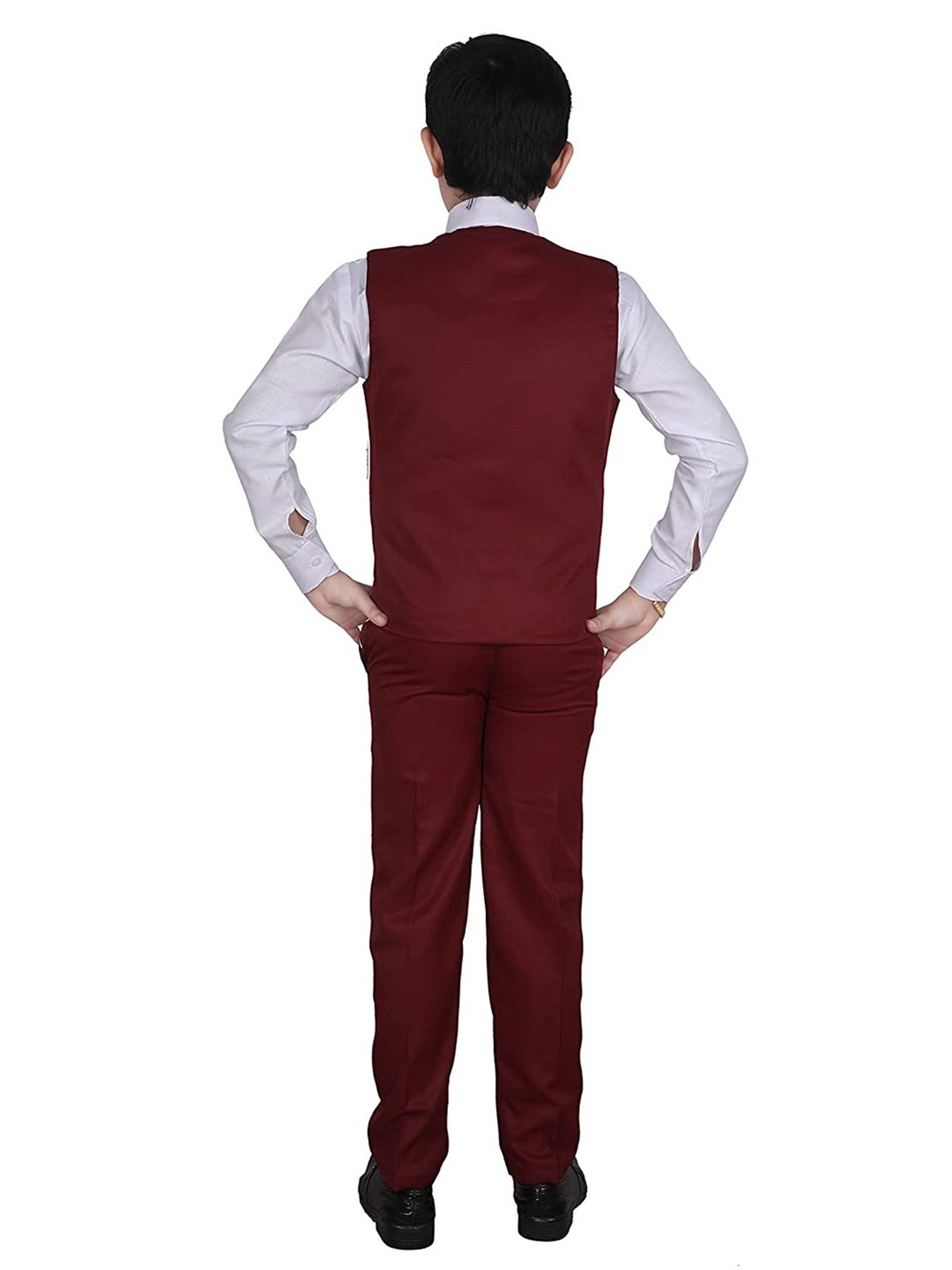 Pro-Ethic Style Developer Kids Maroon & White Solid Full Sleeves Shirt, Waistcoat, Pants with Tie
