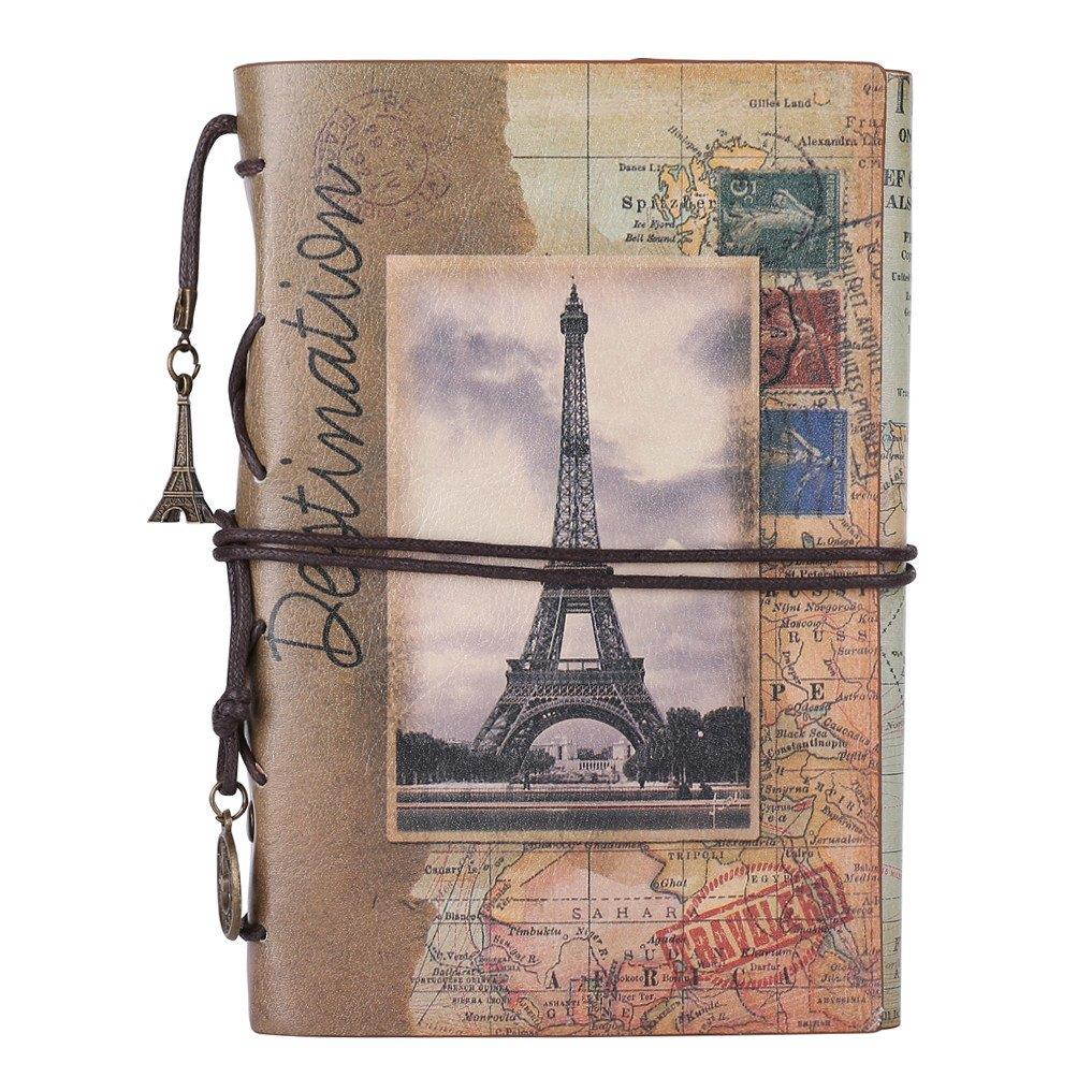Leather Writing Journal Notebook, MALEDEN Vintage Traveler Notebook Sketchbook Classic Refillable Diary Planner for Girls and Boys with Blank Paper and Zipper Pocket (A6, Paris)