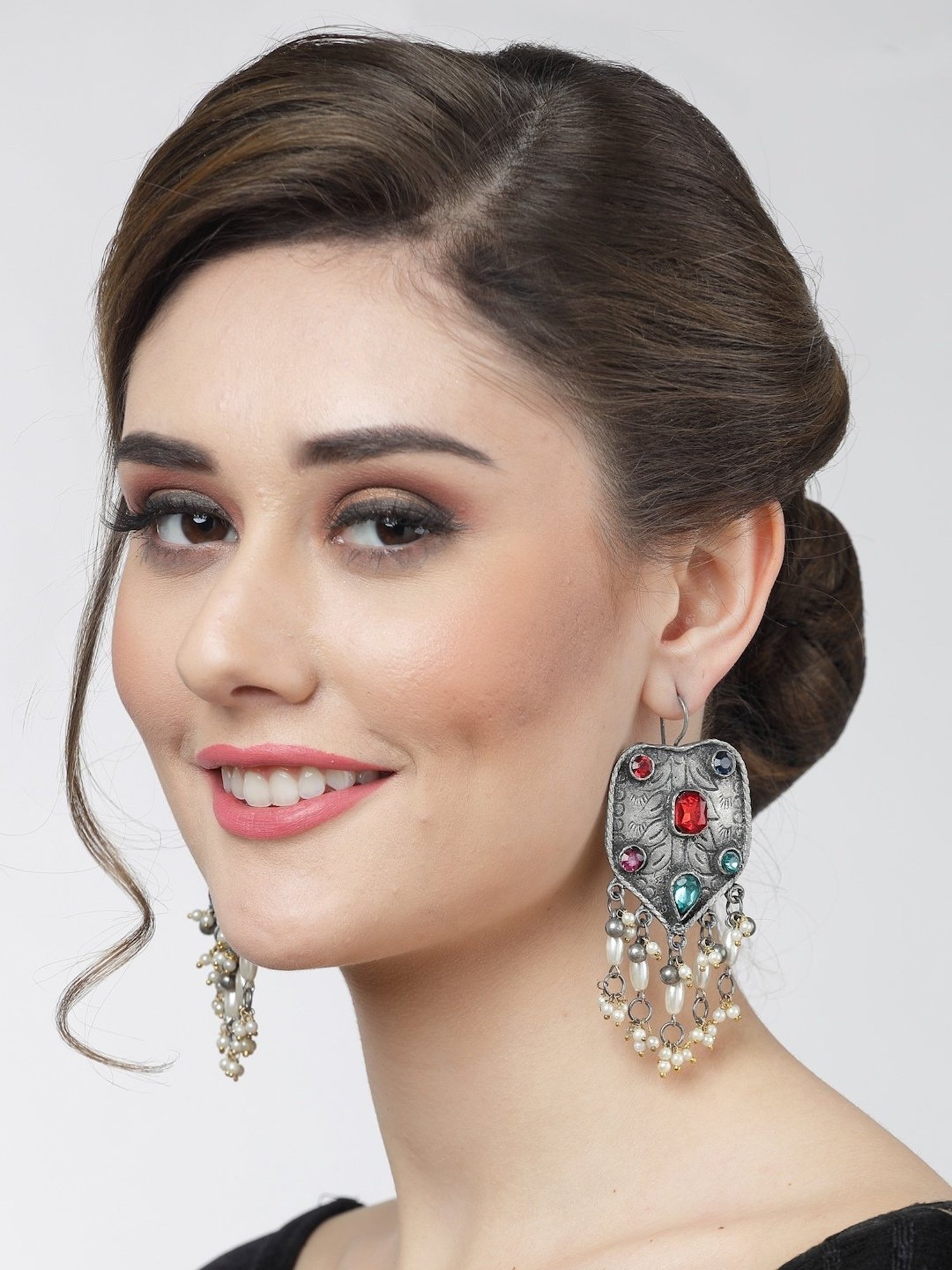 Moedbuille Crystal & Pearl Studded Afghan Design Silver-Plated Handcrafted Tassel Dangler Earrings