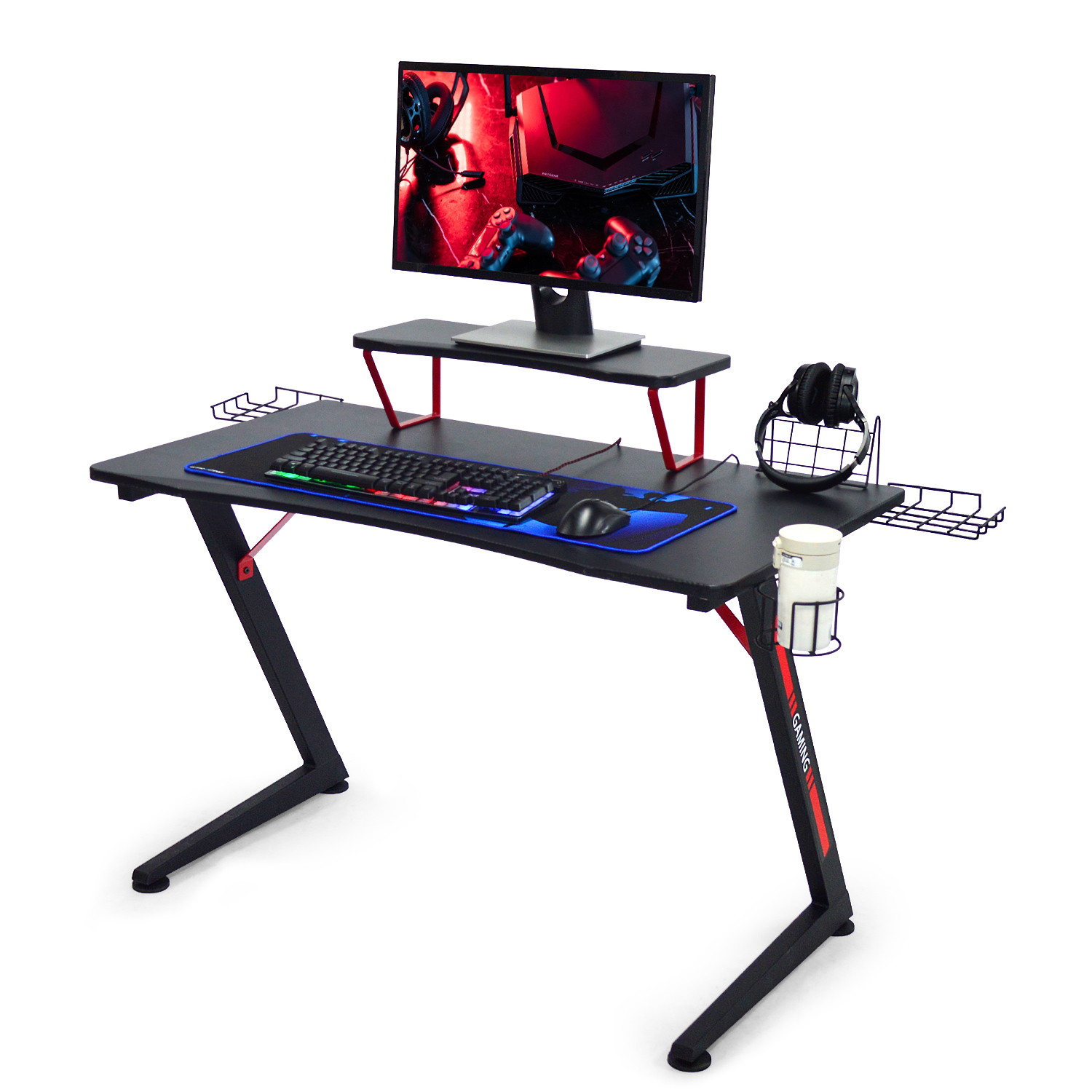 GTRACING Gaming Desk Computer Office PC Gamer Table Pro Racing Style Professional Game Station Z-Shaped with Monitor Stand Shelf, Gaming Controller Tablet Stand & Cup Holder, Black