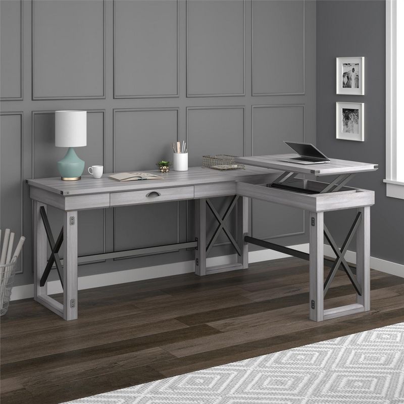Hathaway L-Shaped Desk with Lift Top Rustic White - Room & Joy