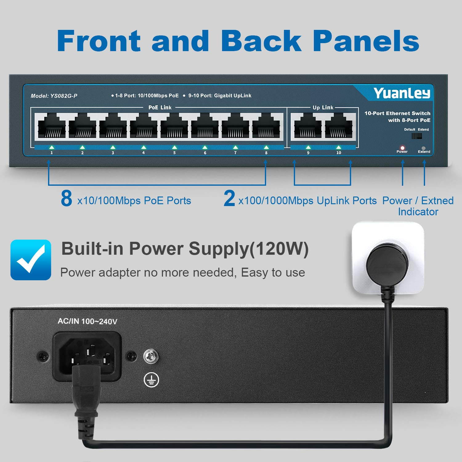 YuanLey 10 Port PoE Switch, 8 PoE+ Port 100Mbps, 2 Gigabit Uplink, 120W 802.3af/at, Extend Function, Metal, Fanless, Plug and Play
