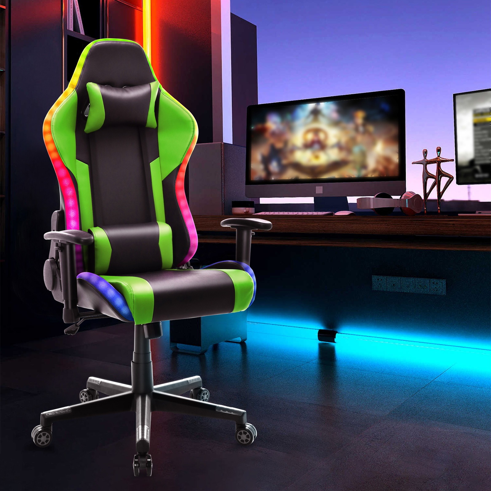 YOUTHUP Gaming Chair with RGB LED Lights, Racing Style Recliner Swivel Video Computer Chair with Bluetooth Speakers, Adjustable Ergonomic High Back, PU Leather with Headrest and Lumbar Support, Pink