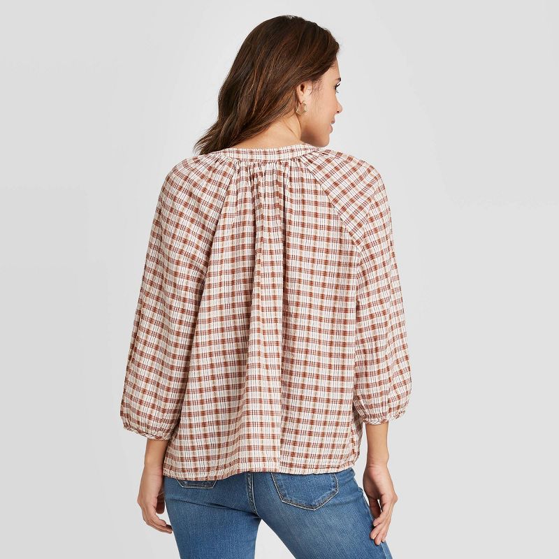 Women's Plaid Long Sleeve V-Neck Shirt - Universal Thread™ Tan XL