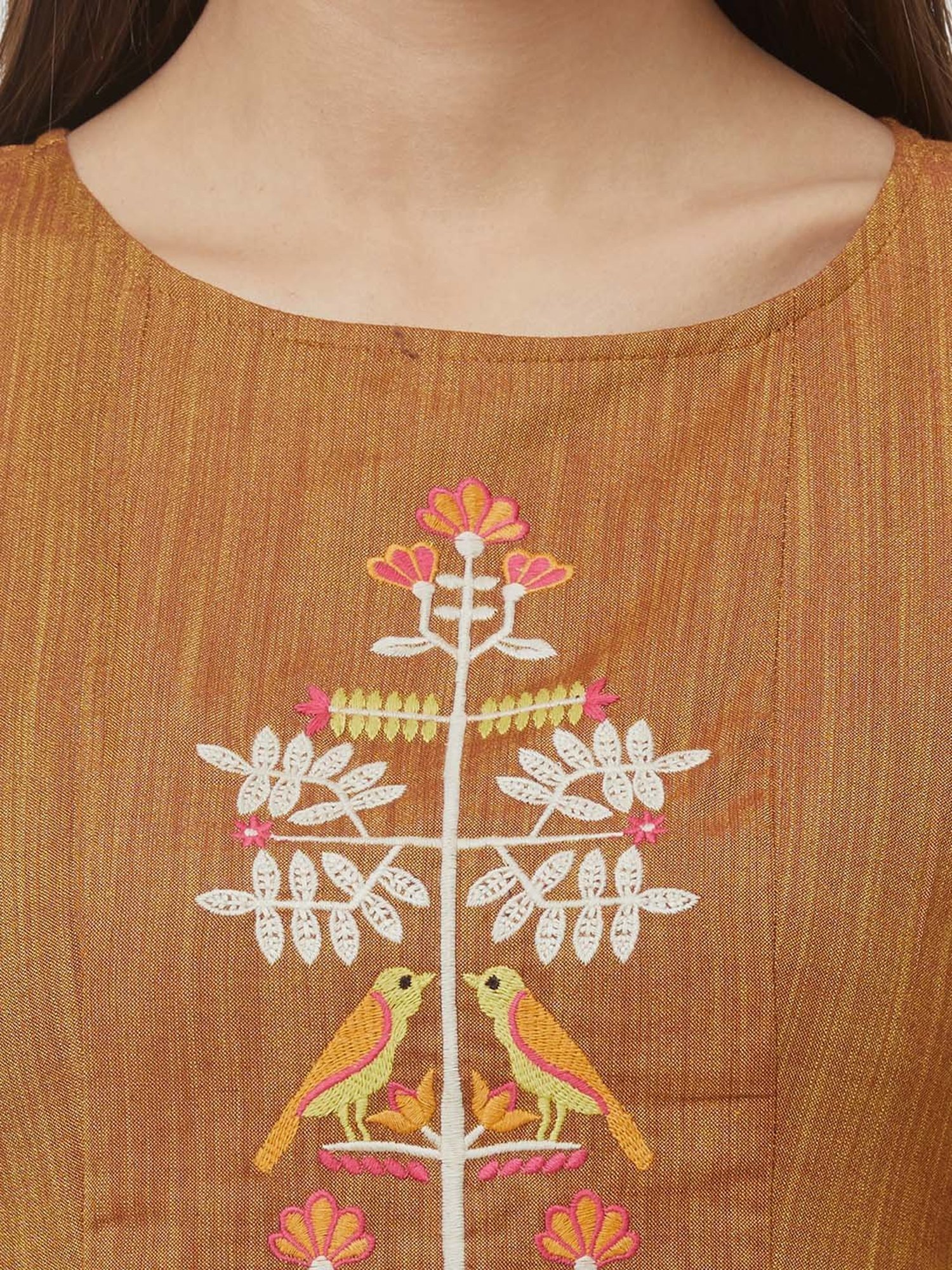 Fusion Beats Brown Cotton Embroidered A Line Kurti