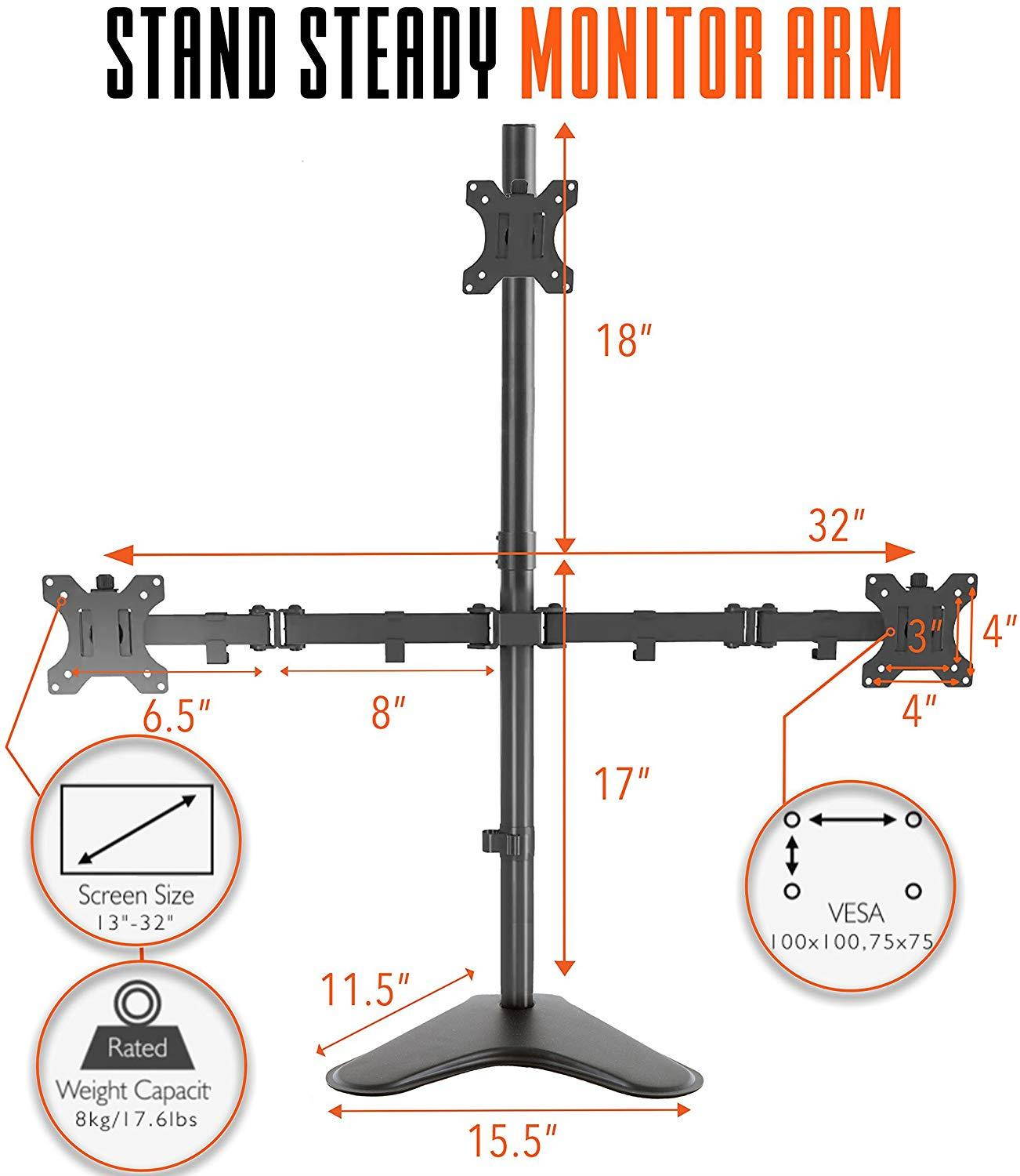 stand steady freestanding 3 monitor desk mount stand | height adjustable triple monitor stand with full articulation | vesa mount fits most lcd/led monitors 1332 inches 3 arm free standing