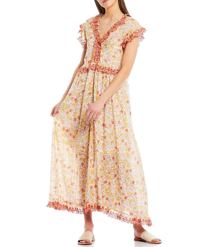 Free People Milania Floral Print V-Neck Cap Sleeve Maxi Dress