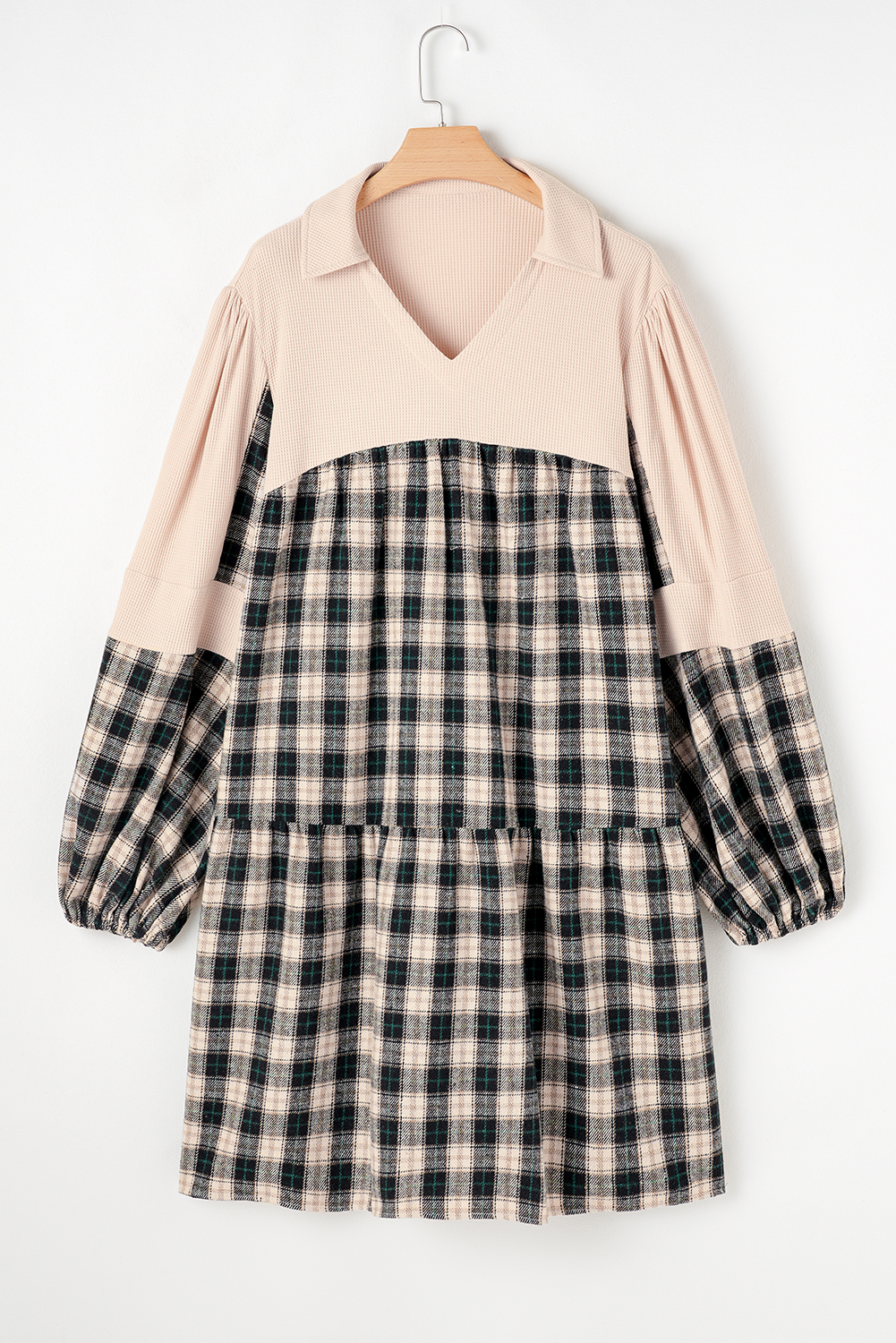 Black Plaid Waffle Patchwork Collared V Neck Plus Size Dress