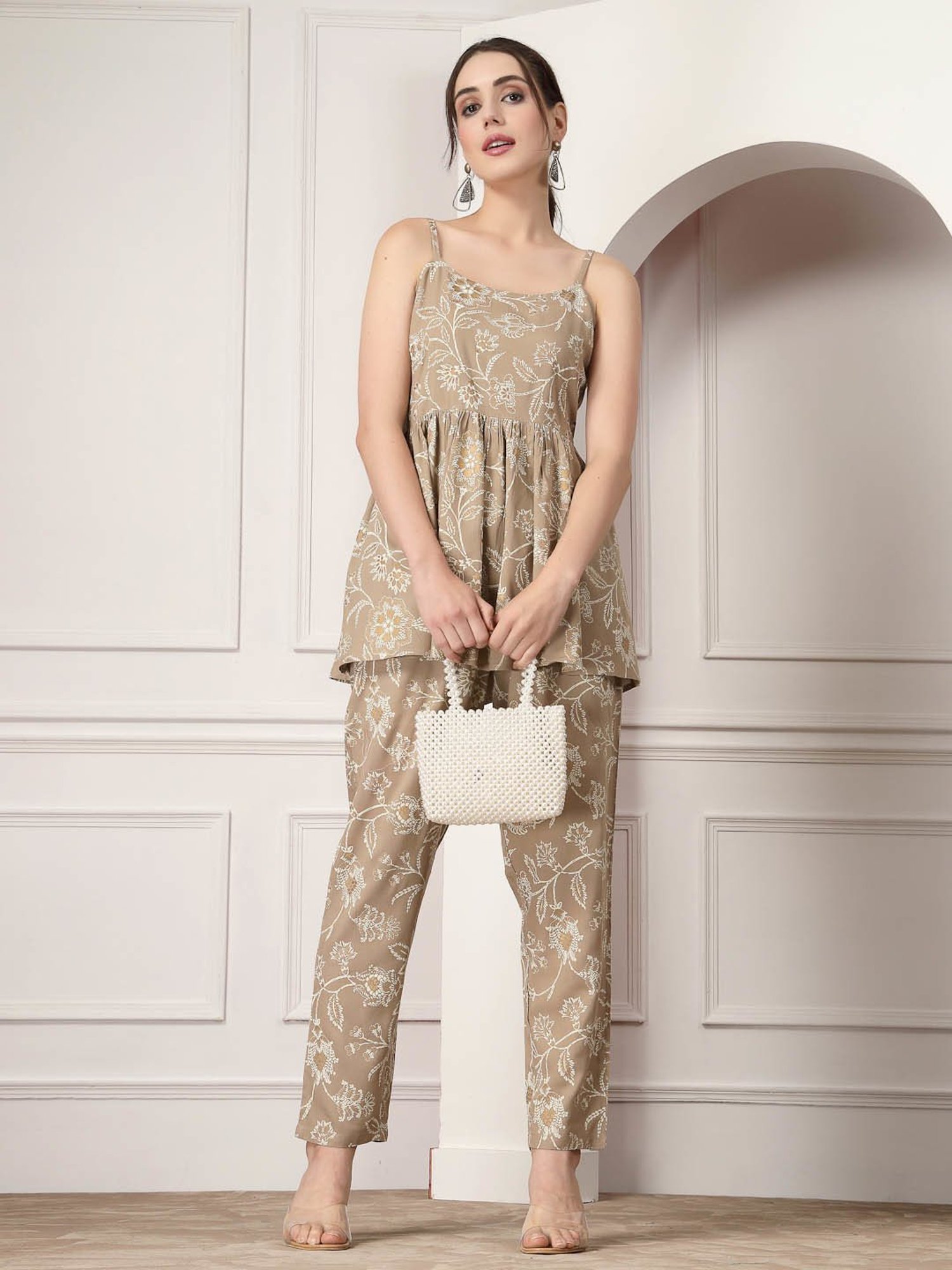 Stylum Beige Rayon Floral Print Top & Pant Set