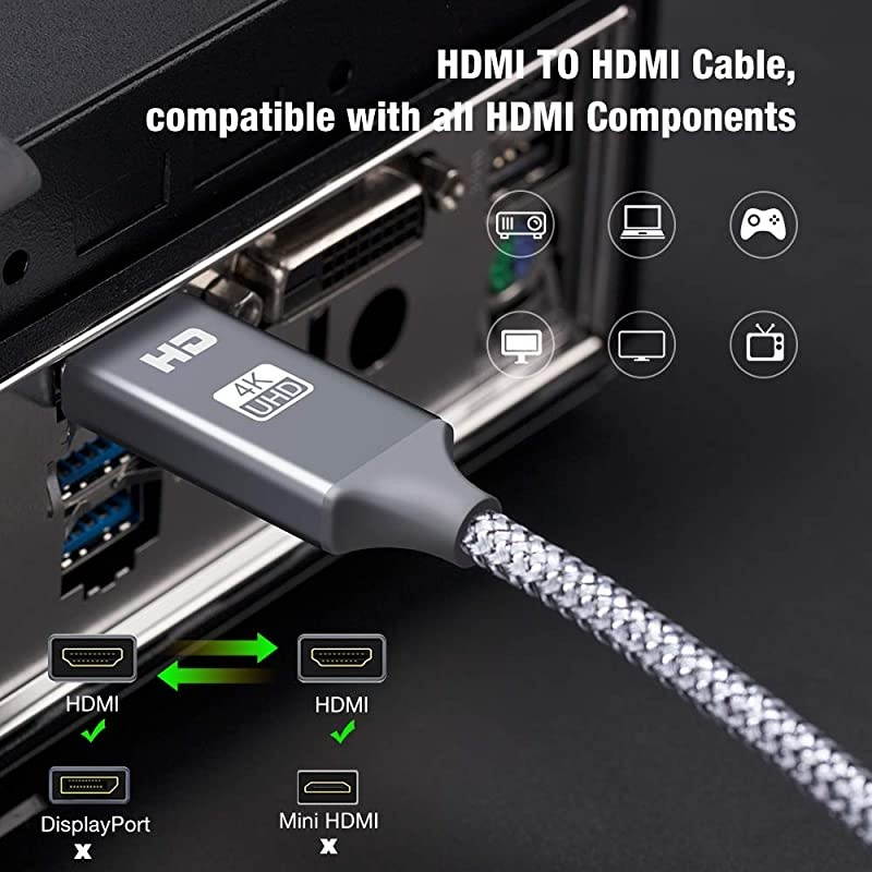 4K HDMI Cable, 2FT HDMI Cord High Speed 18Gbps HDMI to HDMI Cable,4K, 3D, 2160P, 1080P, Ethernet - 28AWG Braided HDMI 2.0 Cable - Audio Return Compatible UHD TV, Blu-ray, PS4/3, Monitor, PC