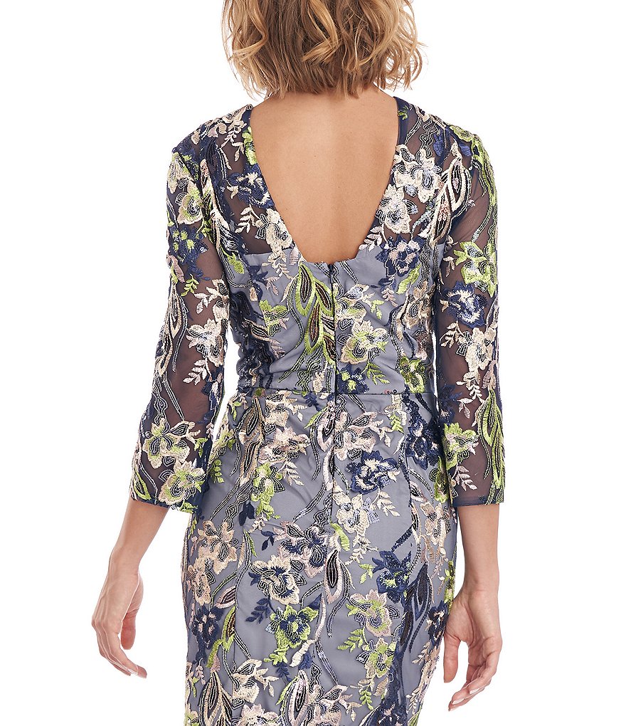 JS Collections V-Neck 3/4 Sleeve Floral Sequin Mesh Midi Dress