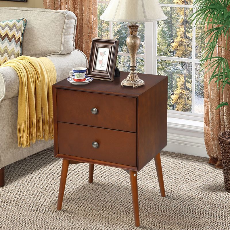 Costway 2PCS Nightstand Mid-Century End Side Table 2 Drawer Rubber Wood Legs Living Room