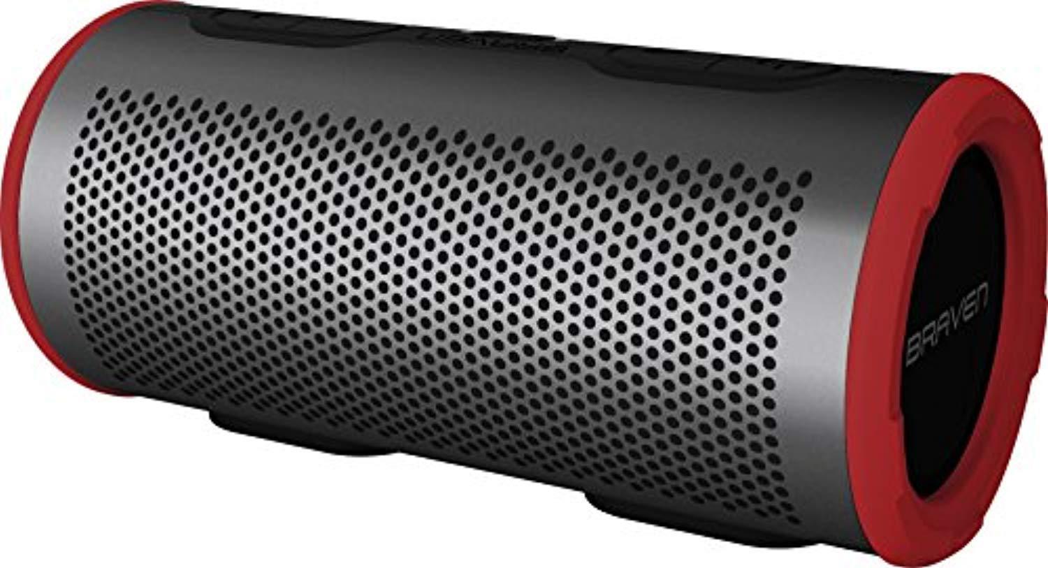braven stryde 360 degree sound 2500 mah waterproof bluetooth speaker  gray/red