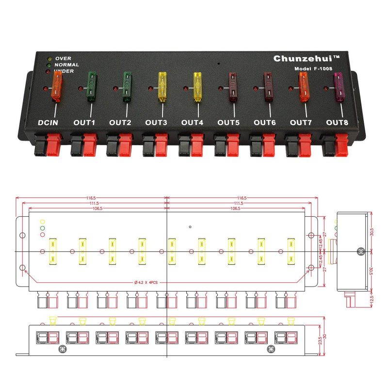 Chunzehui F-1008 Horizontal 9 Port 40A Connector Power Splitter Distributor Source Strip, 1 Input and 8 Output.