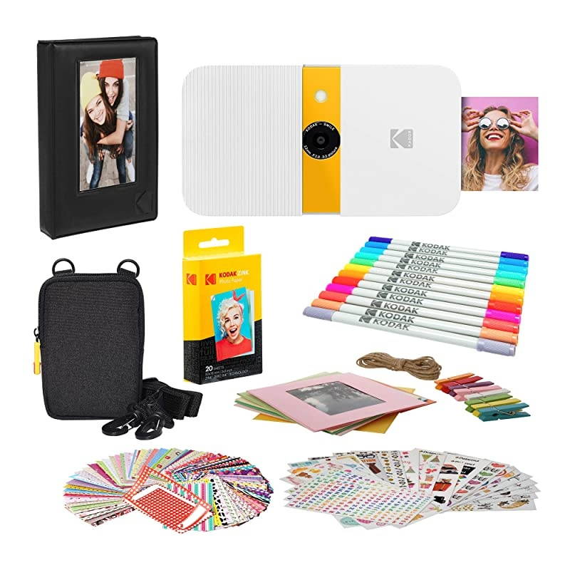 Smile Instant Print Digital Camera (White/Yellow) Photo Frames Bundle with Soft Case