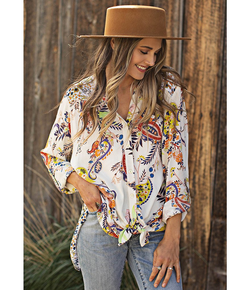 Figueroa & Flower Roxy Paisley Print Roll-Tab Sleeve Button Down Tie-Front Top