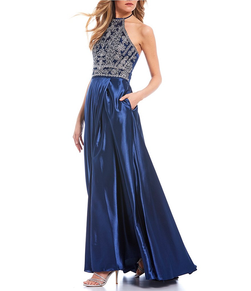 Blondie Nites Halter-Neck Embroidered-Bodice Side Slit Charmeuse Ball Gown