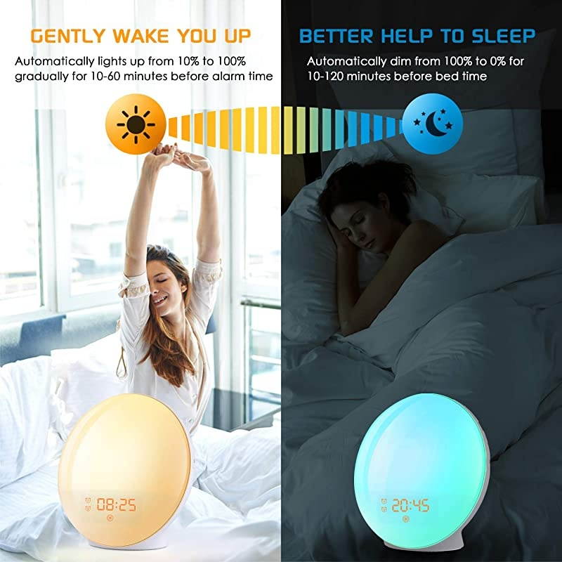 Up Light Sunrise Alarm Clock, 7 Colors Bedside Night Light with Sunrise/Sunset Simulation, Dual Alarms, Snooze Function, FM Radio Clock & 7 Natural Sounds, Ideal Gift for Kids/Adults