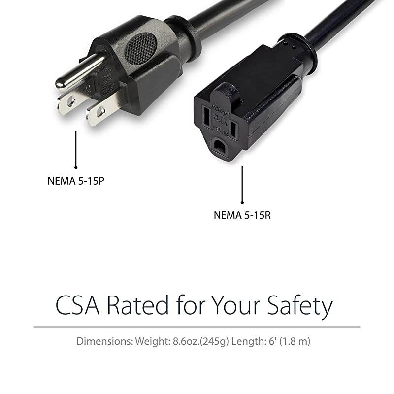 com 6 Ft Power Cord with 125 Volts at 13 Amps - 16 AWG Power Extension Cable Cord - NEMA 5-15R to NEMA 5-15P (PAC1016)